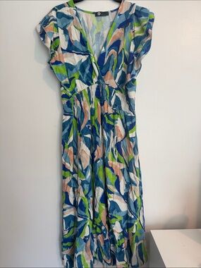 M Made in Italy Vibrant Abstract Midi Dress in Blue, Green & Peach